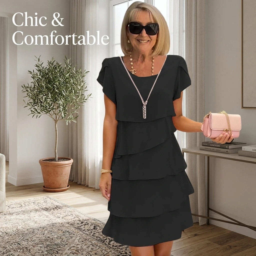 Tiered Dress Women's Summer Short Sleeve Round Neck Solid Color Layered Cake Skirt Casual Knee Length Dress