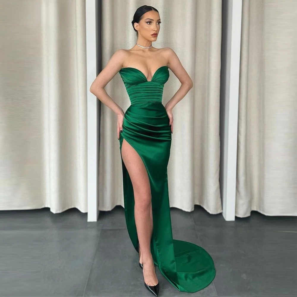 

Stylish Green Satin Mermaid Prom Dresses Sweetheart Side Slit Pleats Long Evening Gowns Women 2022 Sexy Party Dress