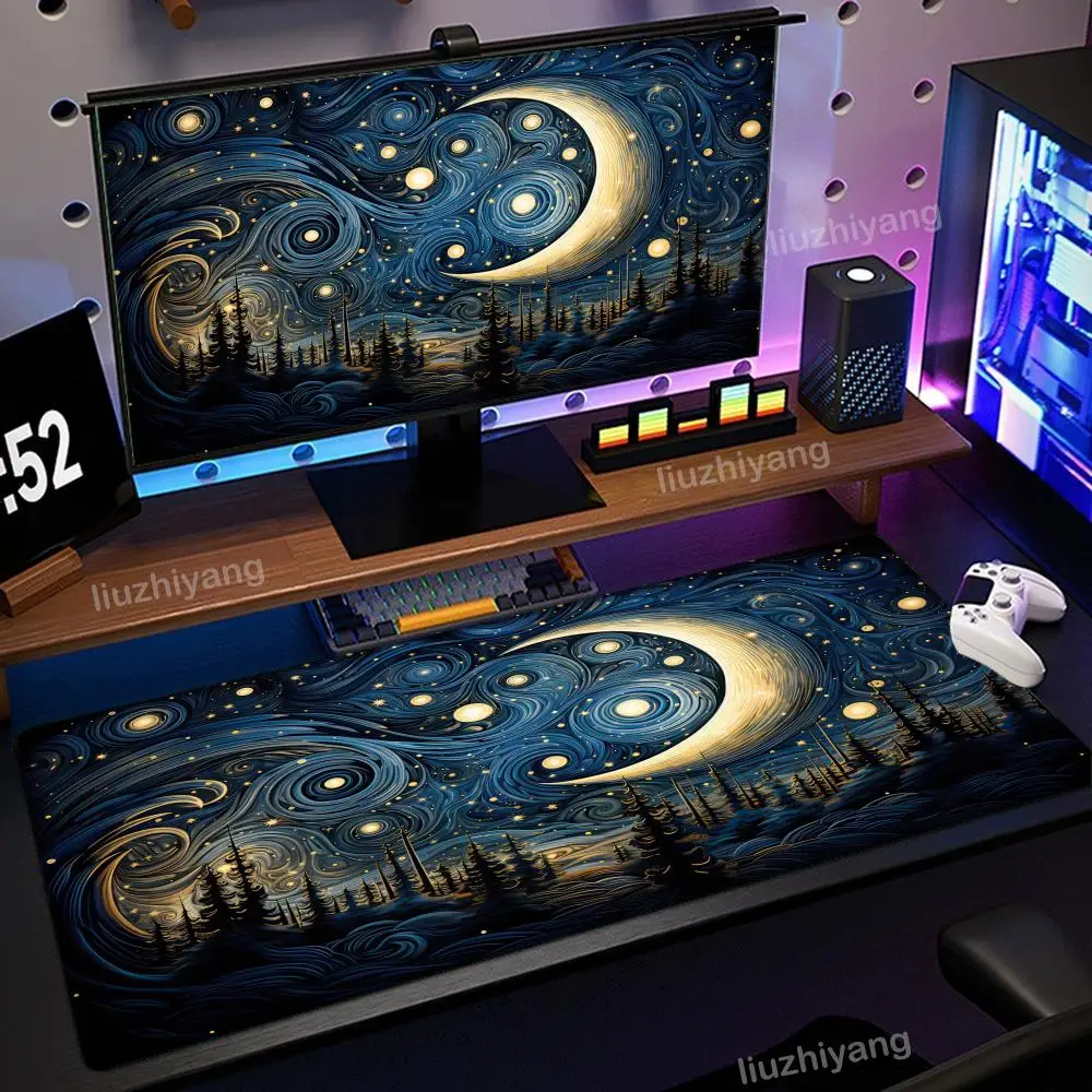 แผ่นรองเมาส์ลาย Starry Night ขนาดใหญ่ สำหรับคอมพิวเตอร์ สำนักงาน เล่นเกม แผ่นรองโต๊ะ XXL ยางกันลื่น ขอบเย็บ แผ่นรองคีย์บอร์ด แผ่นรองโต๊ะยาว