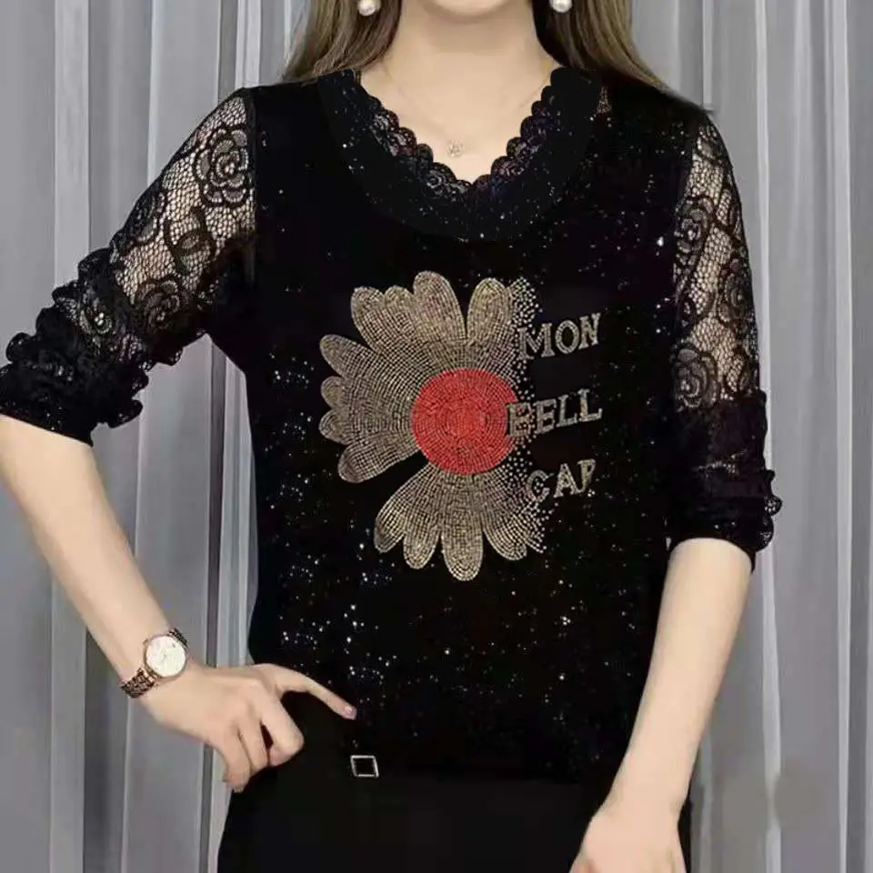 Spring Autumn New Long Sleeved V-neck Bottoming Shirt Fashion Mother's Top Women's Diamond Tshirt M-4XL