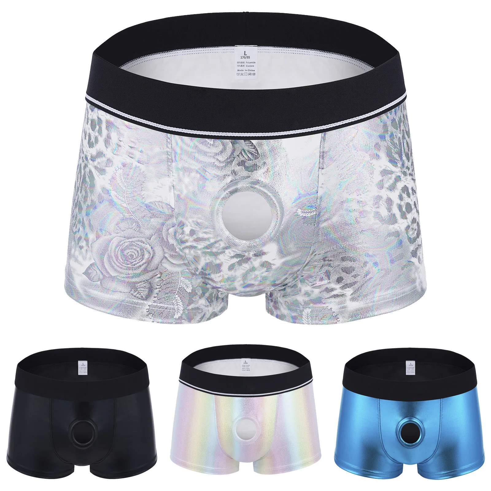 Men Cutout Pouch Underwear Boxer Metallic Shiny Boxer Shorts Penis Silicone Ring Low Rise Fancy Lingerie for Nightclub Swimsuit