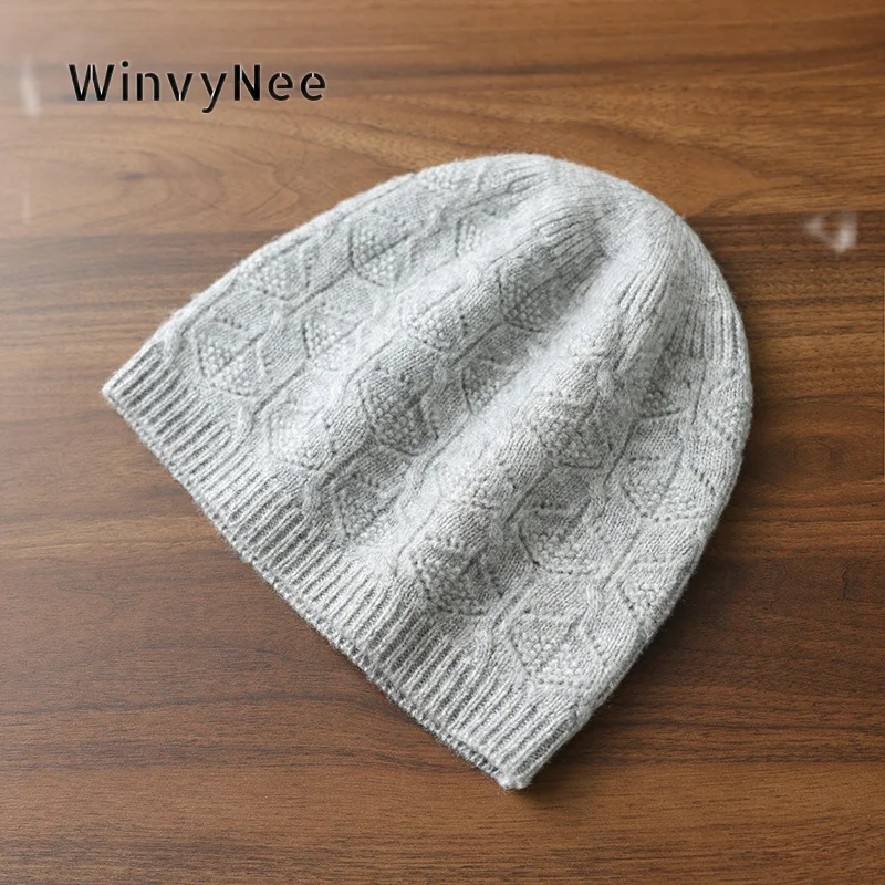 WinvyNee Women 100% Wool Textured Openwork Knit Beanie Autumn Winter Cozy Breathable Plush Soft Stretchy Head Accessory I1883032
