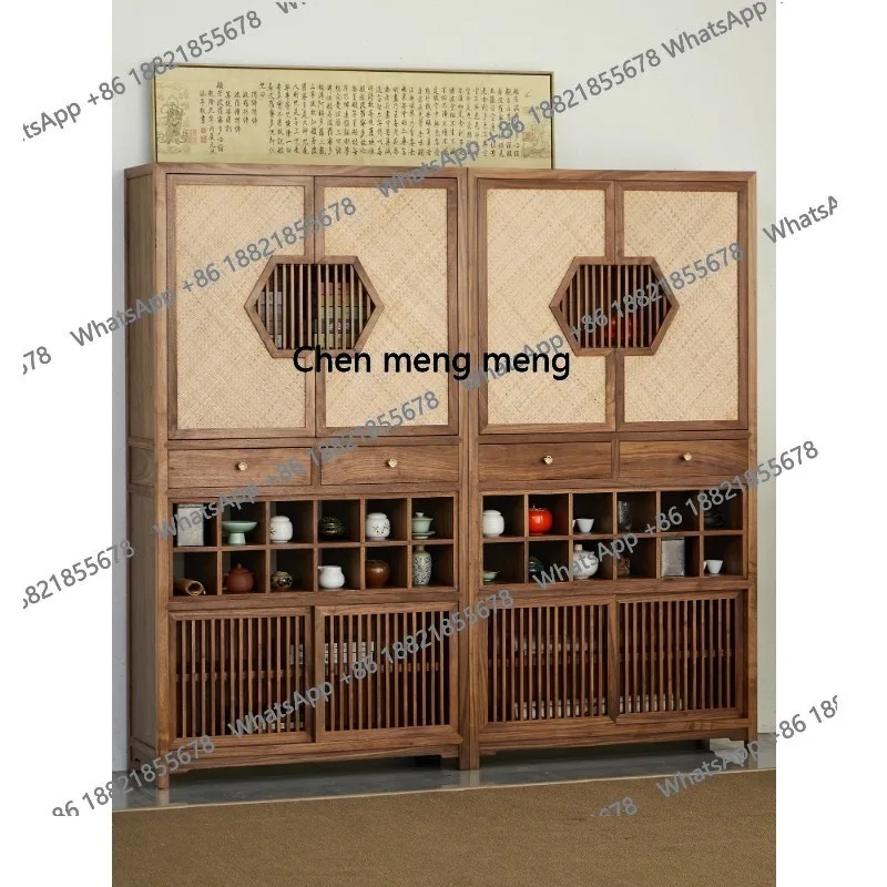 Chinese-Style Solid Wood Antique Shelf Showcase Black Walnut Storage Rack Duobao Pavilion Old Elm Bookcase Rattan