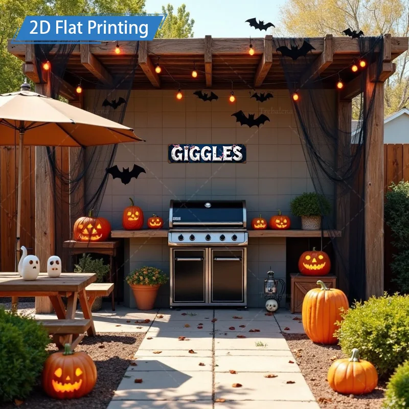 1 قطعة علامة معدنية ، 4x16 بوصة هالوين Giggles 2D علامة الطباعة المسطحة ، مخيف اليقطين الخفافيش ديكور للسياج