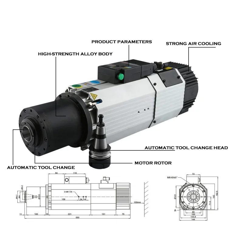 

HOLRY High RPM 12000rpm 24000rpm Automatic Tool Change 220V 380V ISO30 9KW CNC Spindle Motor For Packing Machine