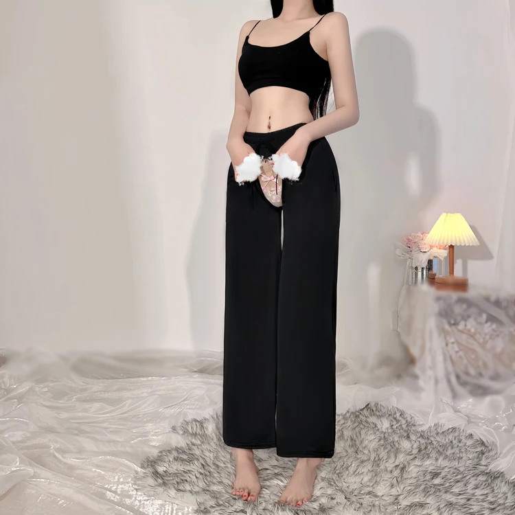 Summer Open Crotch Wide-Leg Pants Invisible Zip-up Open Gear High Waist Ice Silk Casual Pants Women Wear-Free Cut-out Straigh...