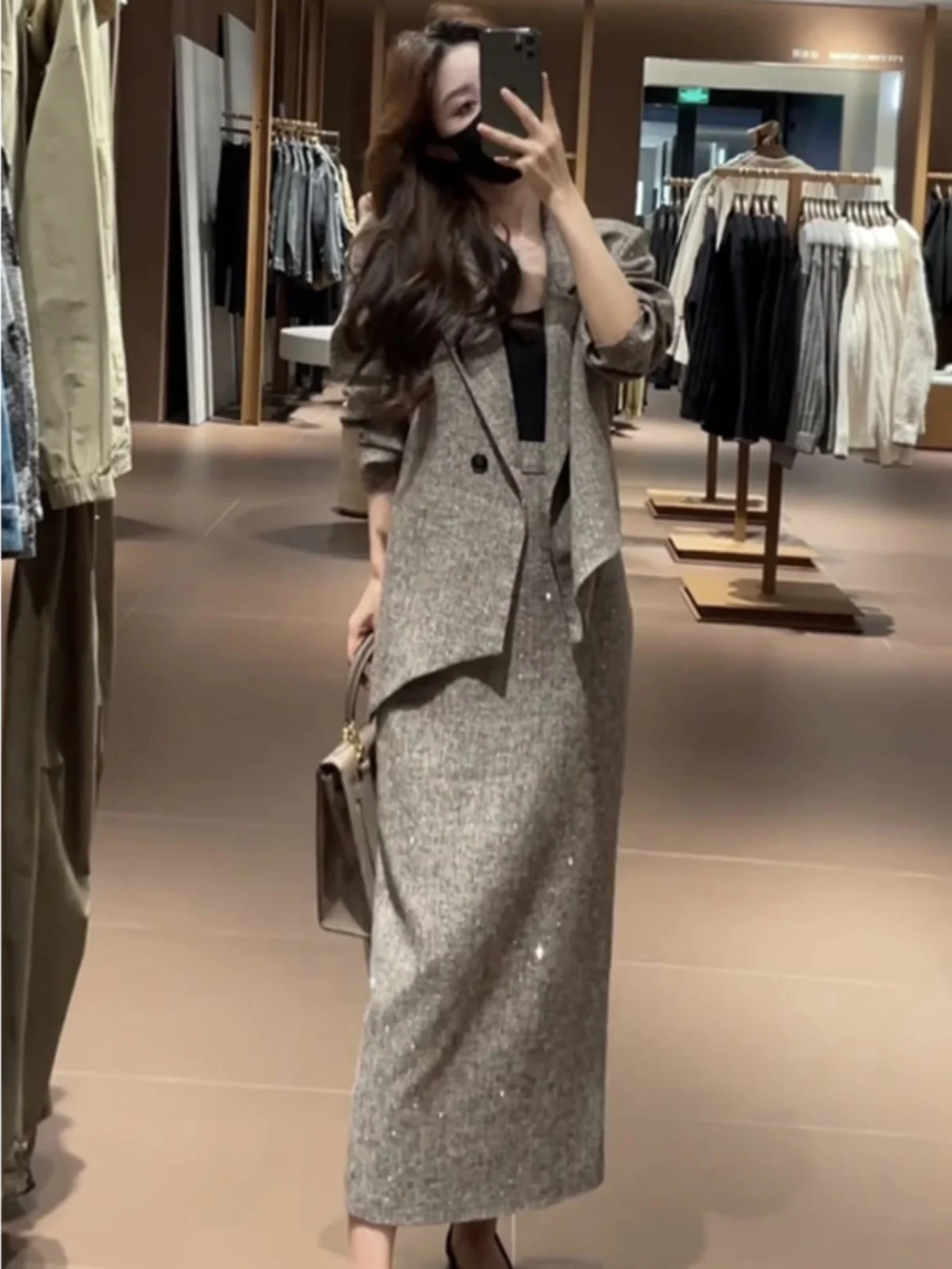 Spring Fashion Diamond Embedded Women\'s Suit Set High Waist Skirt And Jacket Two-Piece Set Luxury Style Long Sleeve Button up