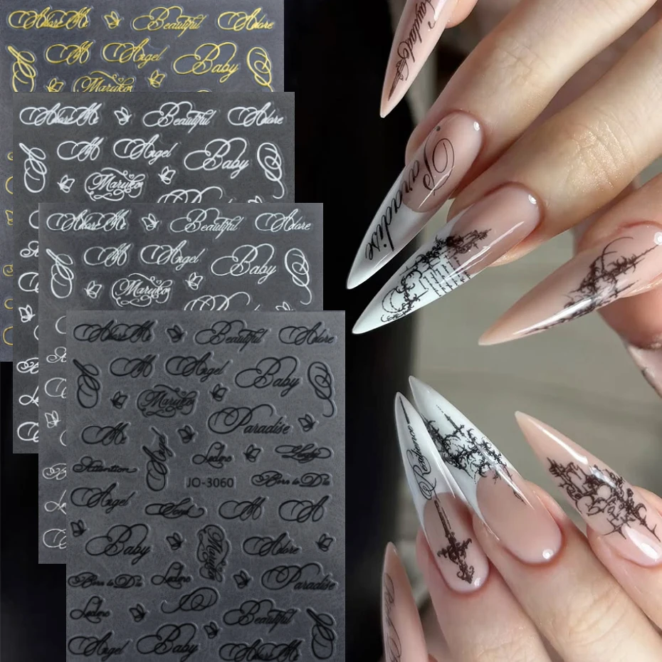 Buchstaben-Nagelaufkleber im Y2K Gothic-Stil, schräg gestaltetes englisches Design, goldene, silberne, schwarze, weiße Nagelaufkleber, DIY-Nageldekor – Detail 3