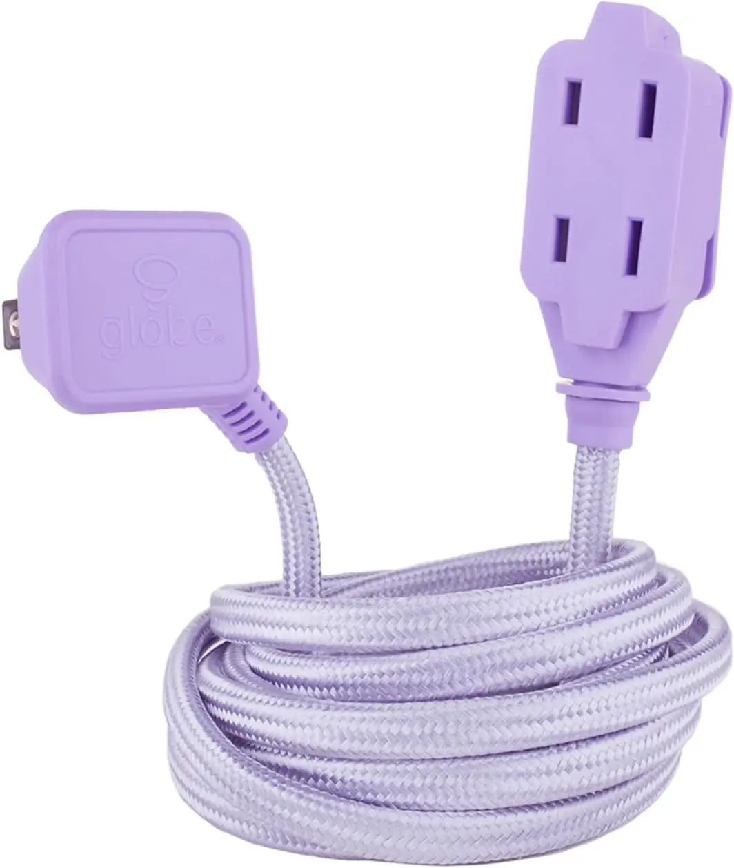

9ft Fabric Extension Cord, 3 Polarized Outlets, Right Angle Plug, 125V, Metallic Purple
