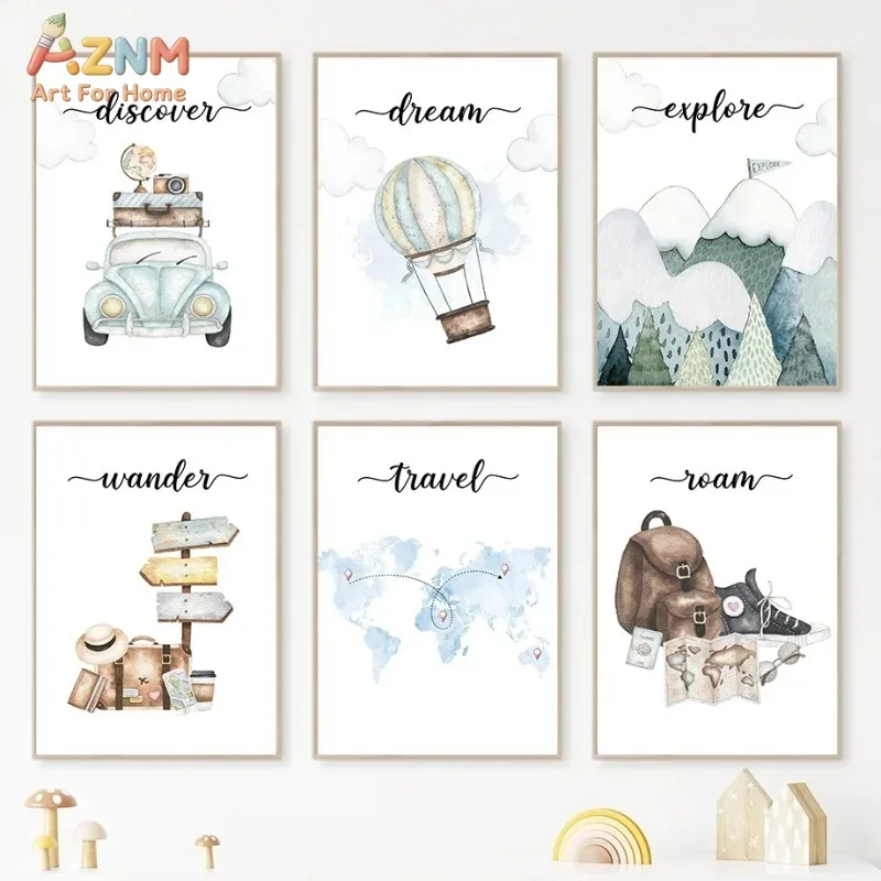 AZNM Watercolor Travel Adventure Canvas Wall Art World Map Hot Air Balloon Print for Kids Room Decor