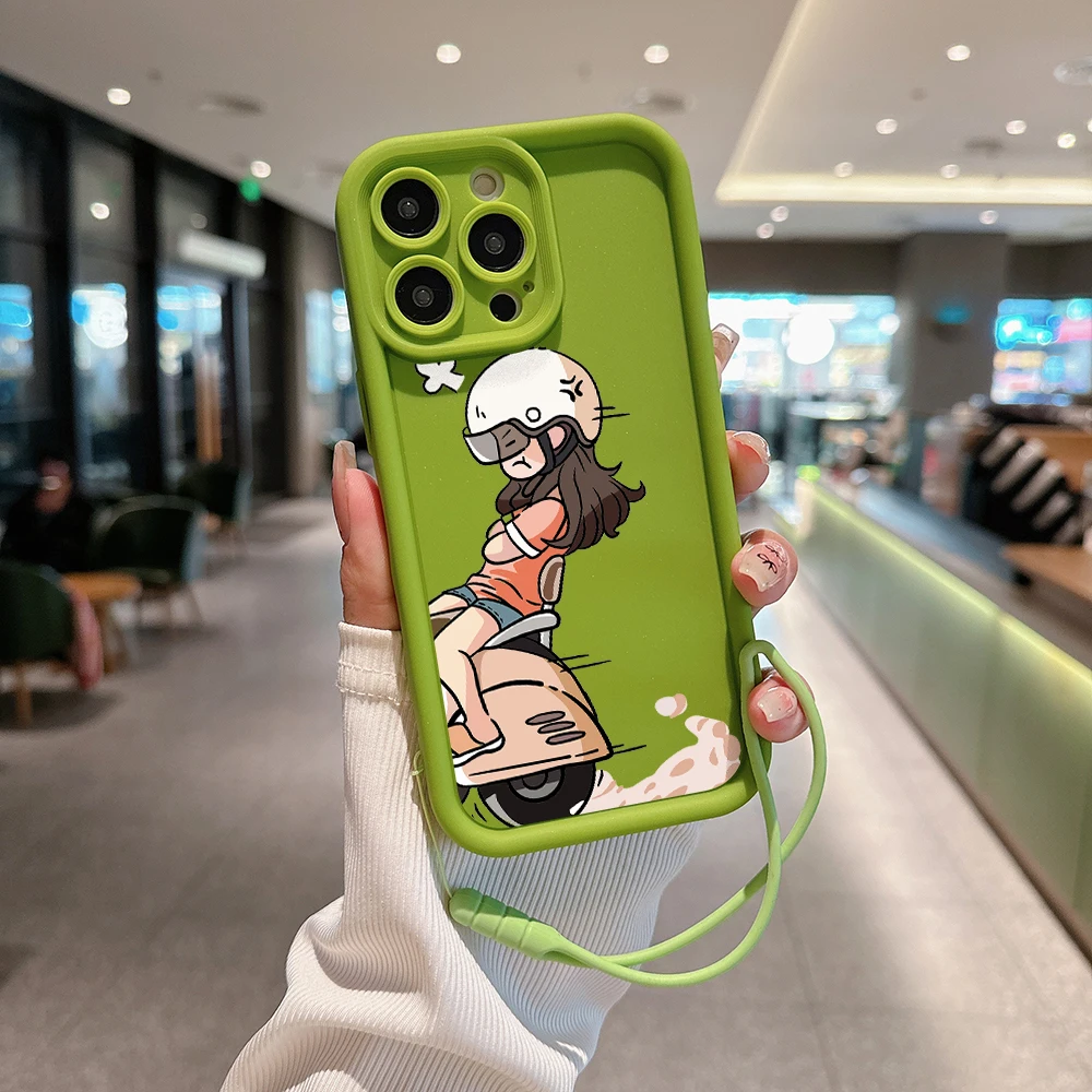 INS Cute Cartoon Riding Couple Phone Case for IPhone 15 14 13 12 11 Pro Max XR XS X 7 8 Plus Soft TPU Back Cover With Hand Strap