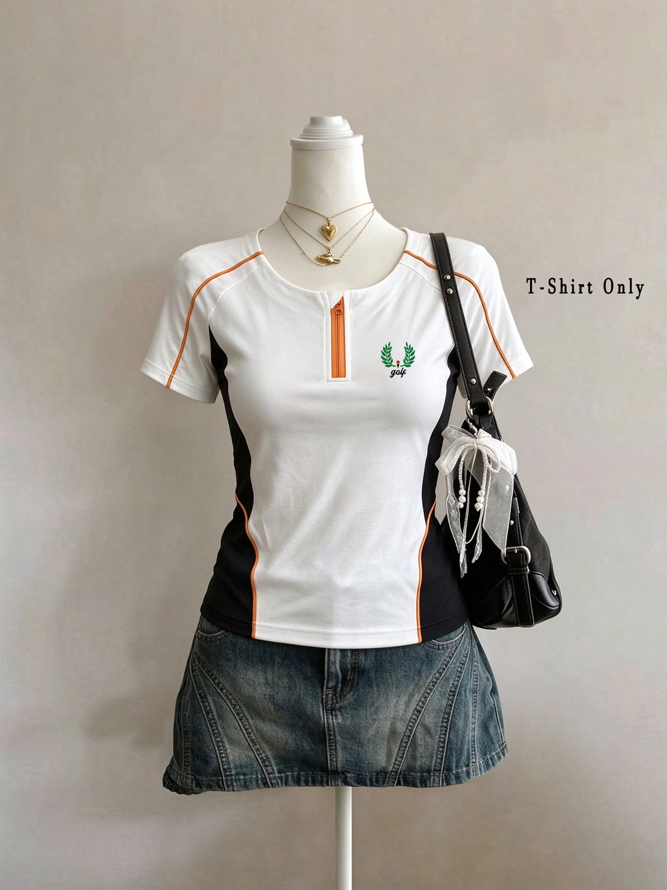 Women Y2K Sporty Half Zip Crop T-shirt White Black Orange Color Block Golf Leaf Print Short Sleeve Alt Streetwear Top
