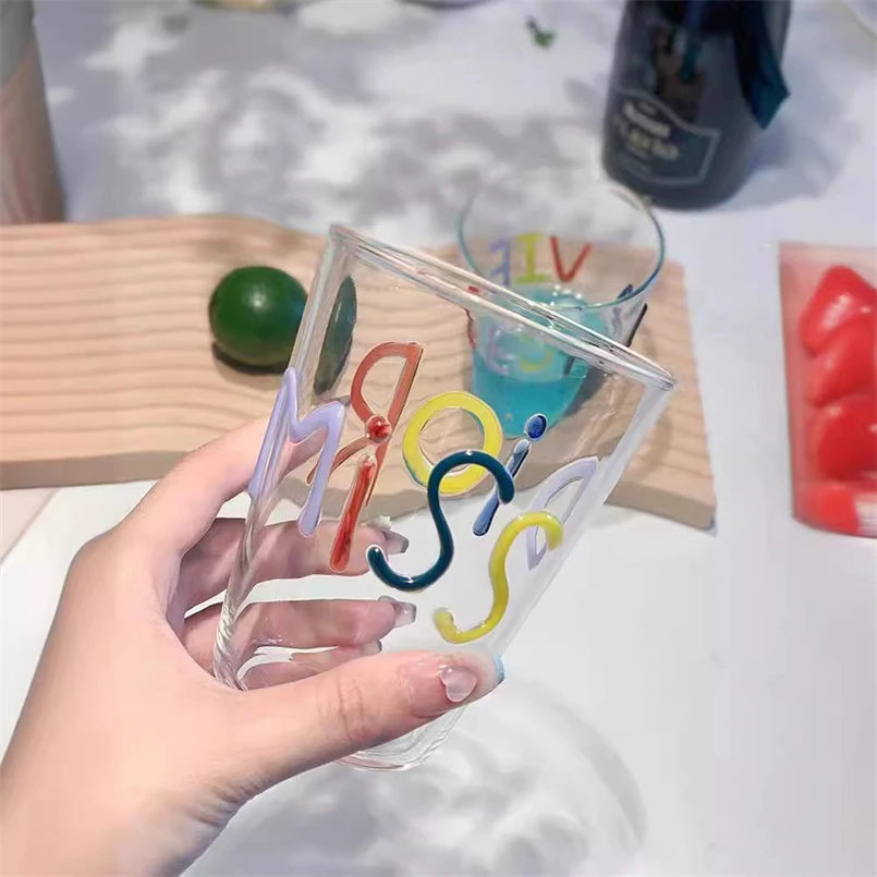 Color Letter Graffiti Handmade Creative Borosilicate Glass Ins Cartoon Transparent Round Juice Milk Cup