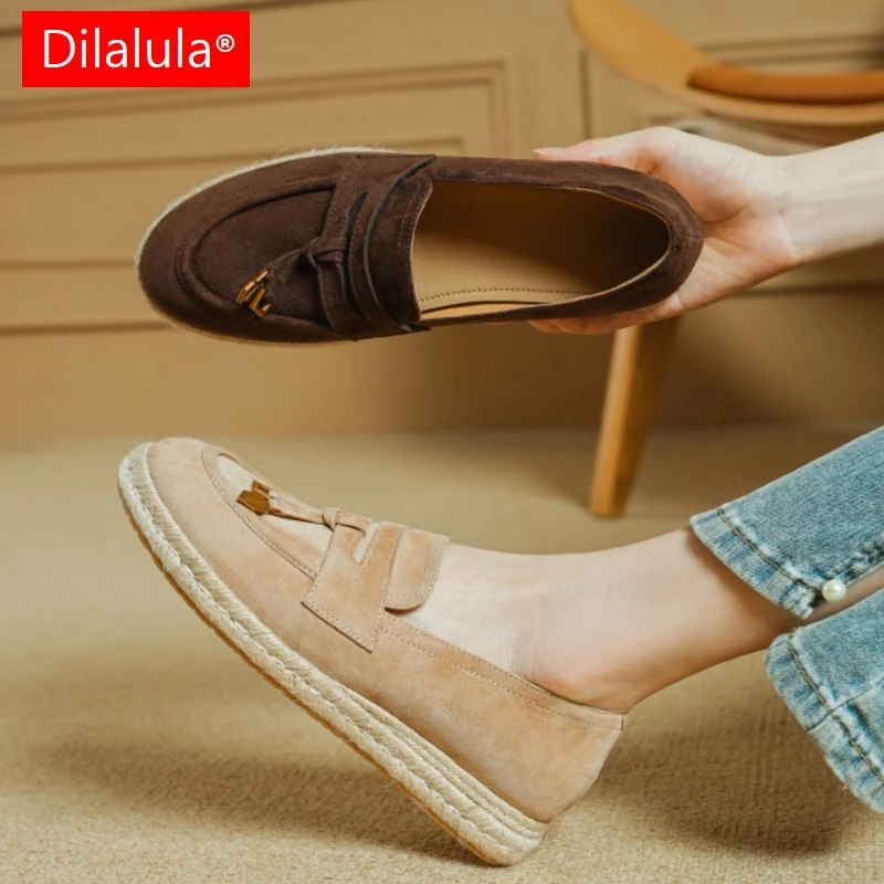 

Dilalula 2026 Popular Kid Suede Weave Loafers Women Low Wedges Heels Metal Dec Slip On Pumps Female Daily Casual Leather Shoes