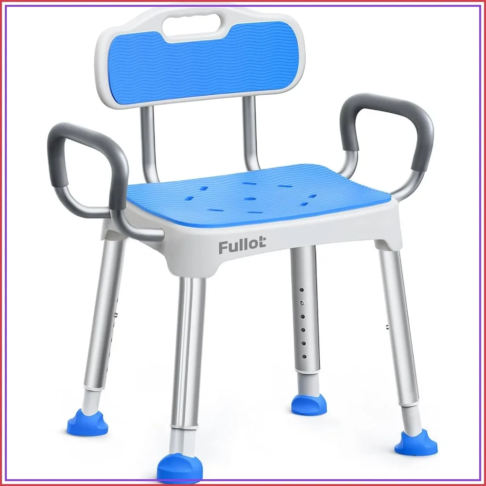 

Widened Shower Chair with Padded Back & Arms, 400 lbs Capacity, Adjustable, Non-Slip for Elderly & Disabled