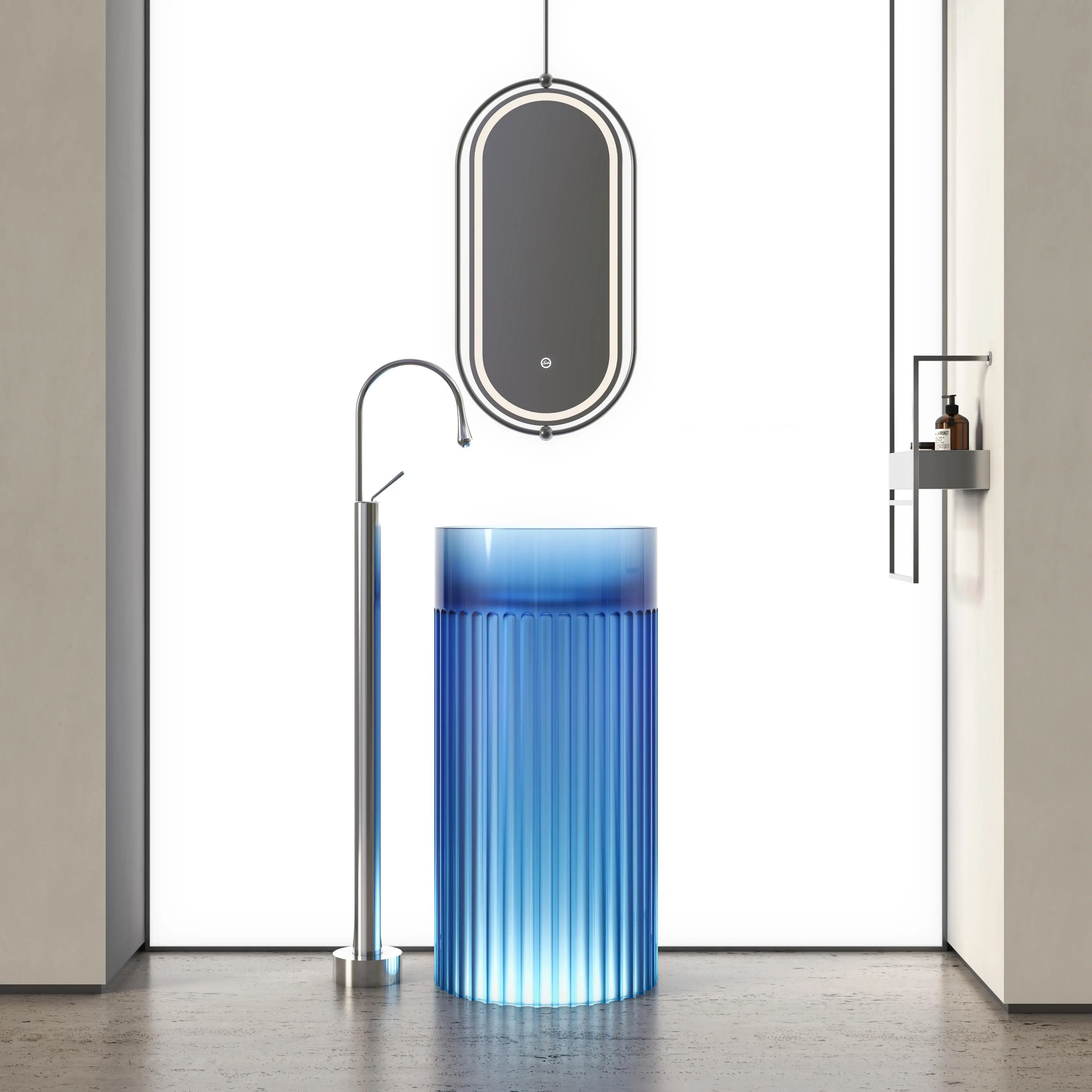 Stripes Design Round Transparent Resin Solid Surface Pedestal Sink Multi-color Freestanding Wash Basin For Luxury Hotel