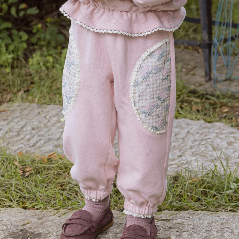 Korean Style Children's Girls Patchwork Plaid Lace Trimmed Cuffed Casual Sweatpants Autumn 2025 Collection