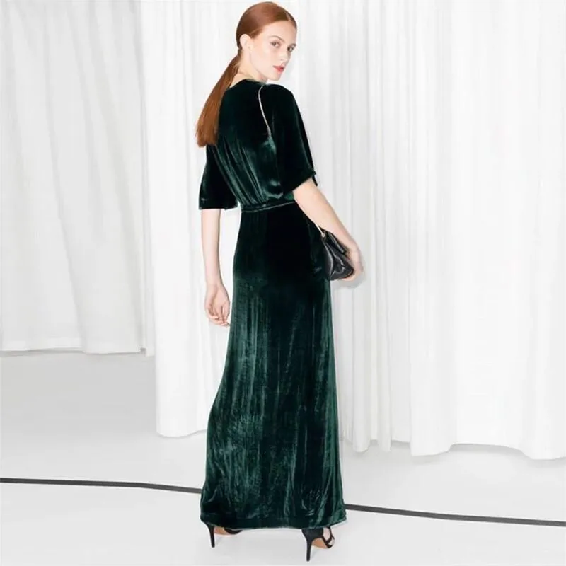 Fashion Spring Long Maxi Velour Dress Autumn Velvet Deep V-neck Party Dress Office Female long velvet Prom dresses Vestidos