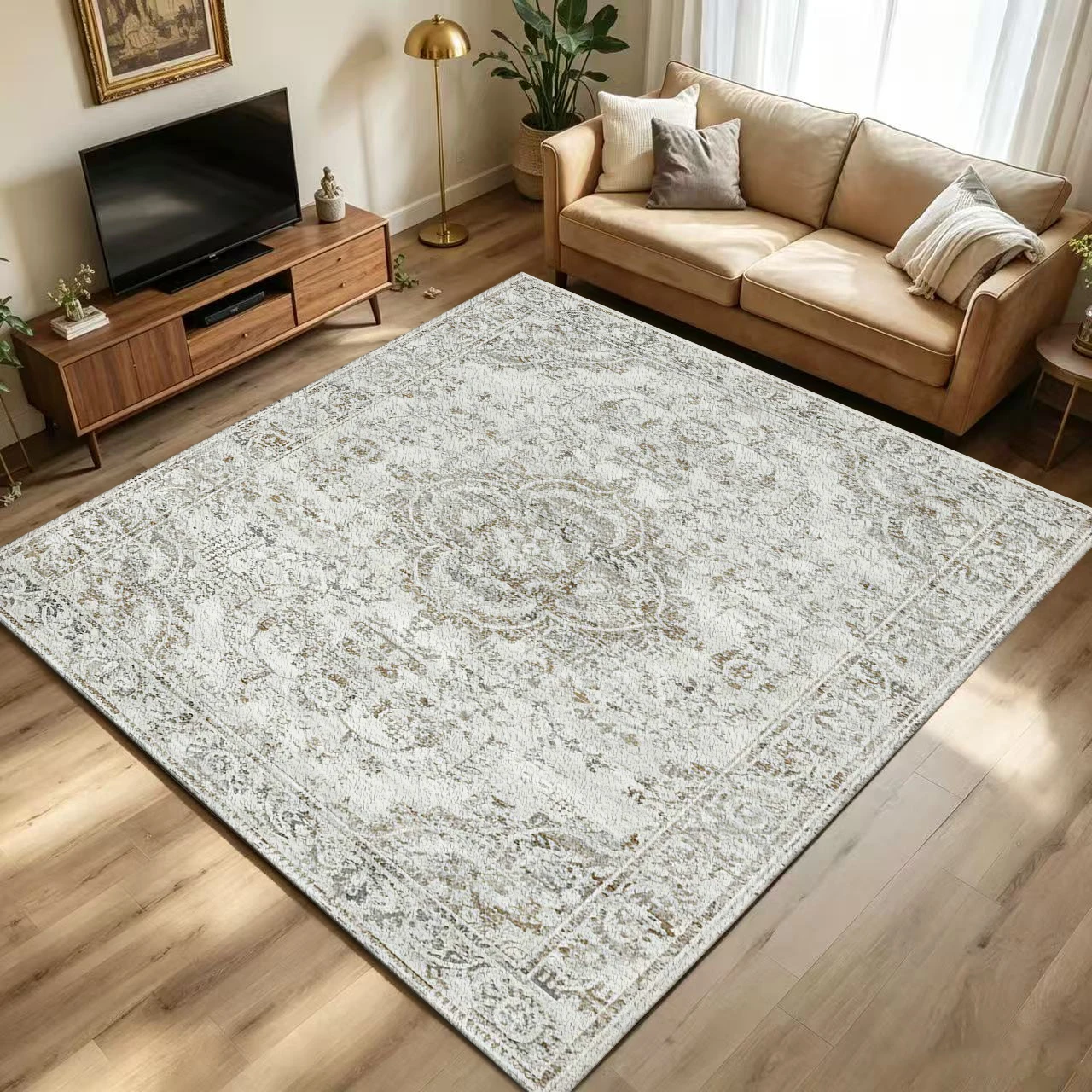Cream Beige Distressed Vintage Area Rug Neutral Floral Living Room Carpet Home Decor Floor Mat