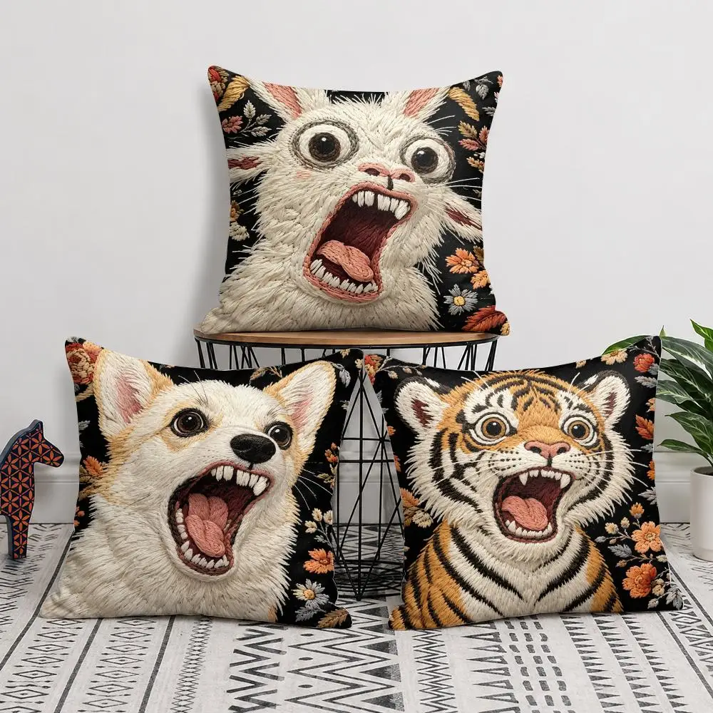 Floral Stitched Roaring Animals 2D Cushion Cover Short Plush Soft Double-Sided Printing Pillow Case Sofa Bedroom Home Decor Gift