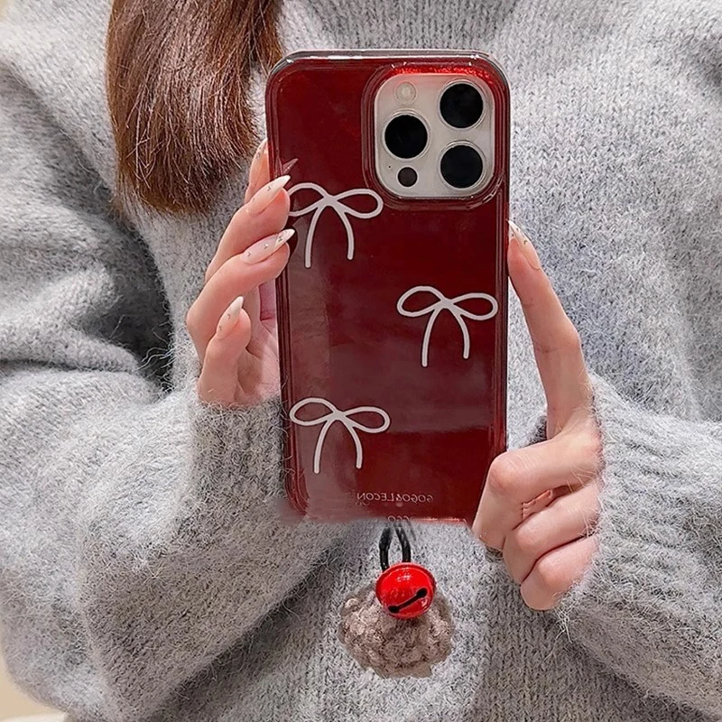 Perforated vortex shell premium red base bow phone case with fur ball bell pendant For iPhone 11 12 13 14 15 pro max