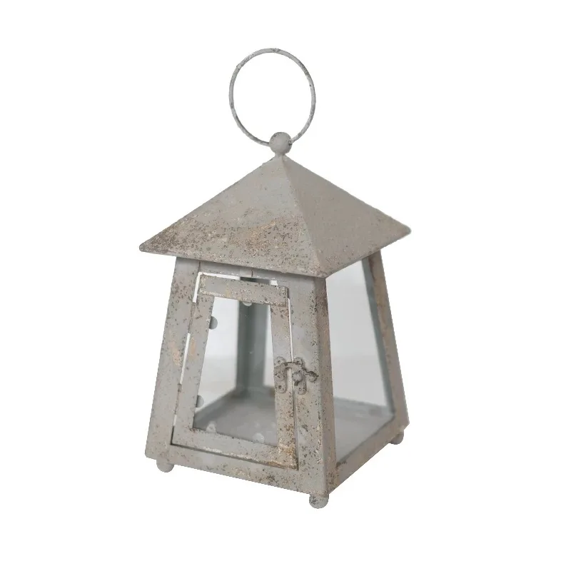 

Vintage Metal & Glass Lantern, Distressed Cement Gray Decorative Candle Holder for Tabletop, Shelf or Hanging Use
