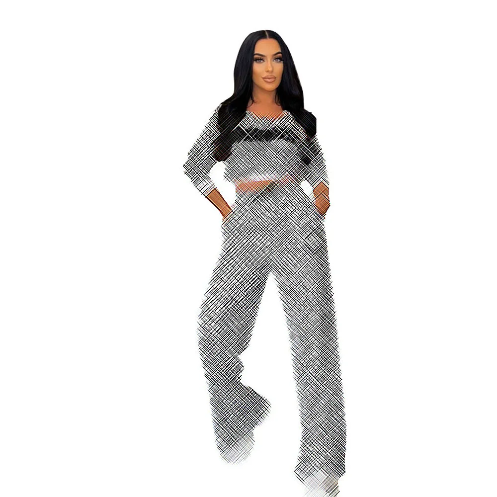 DD0016 Moda femminile transfrontaliera europea e americana Set di filo alla moda casual Pantaloni larghi a maniche lunghe Due pezzi Se