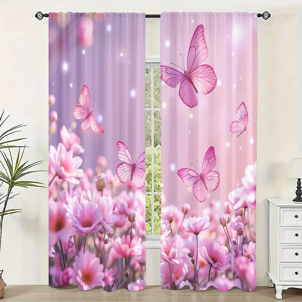 2pc,  Window Drapes Butterfly Fantasy Pink Versatile 100% Polyester,Without Electricity Festive Wall Decor Suitable for