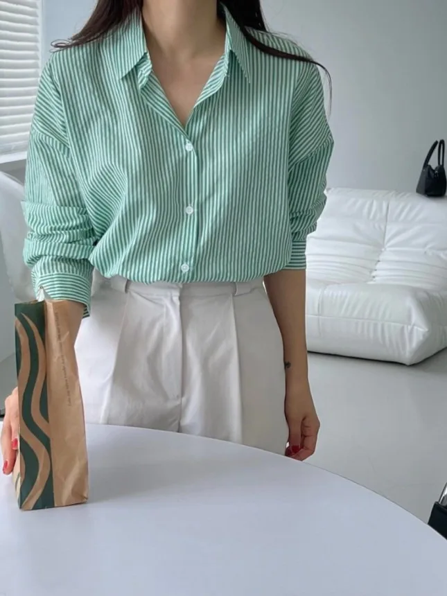 

Classic Striped Color Block Long Sleeve Loose Women's Shirt Turn-down Collar Button up Cardigan Style Spring Early New Arrival