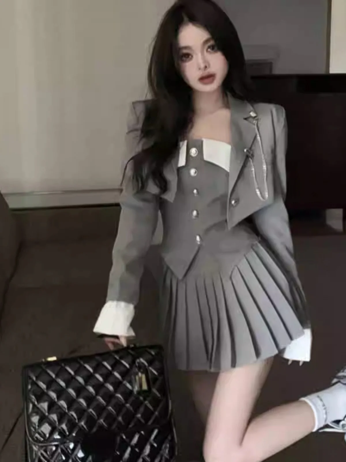 

Комплект из двух предметов: юбка с высокой талией и жилетка в стиле JK, женский, весенне-осенний, хлопковый, с длинным рукавом, школьный стиль