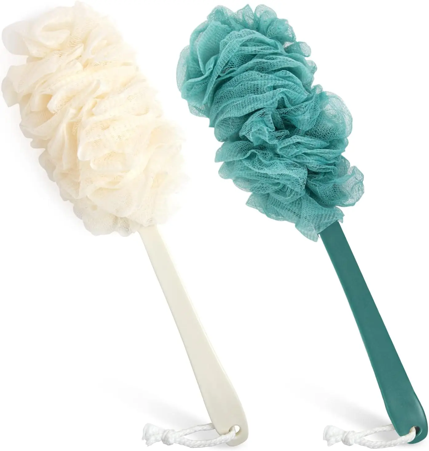 

2-Pack Long Handle Back Scrubber with Loofah Sponge for Shower, Exfoliating Body Brush in Blue and White