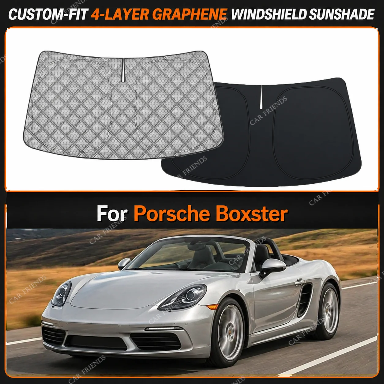 For Porsche Boxster Custom-Fit 4-Layer Graphene Windshield Sunshade Reflective Gray-Silver Surface Helps Reduce Direct Sunlight
