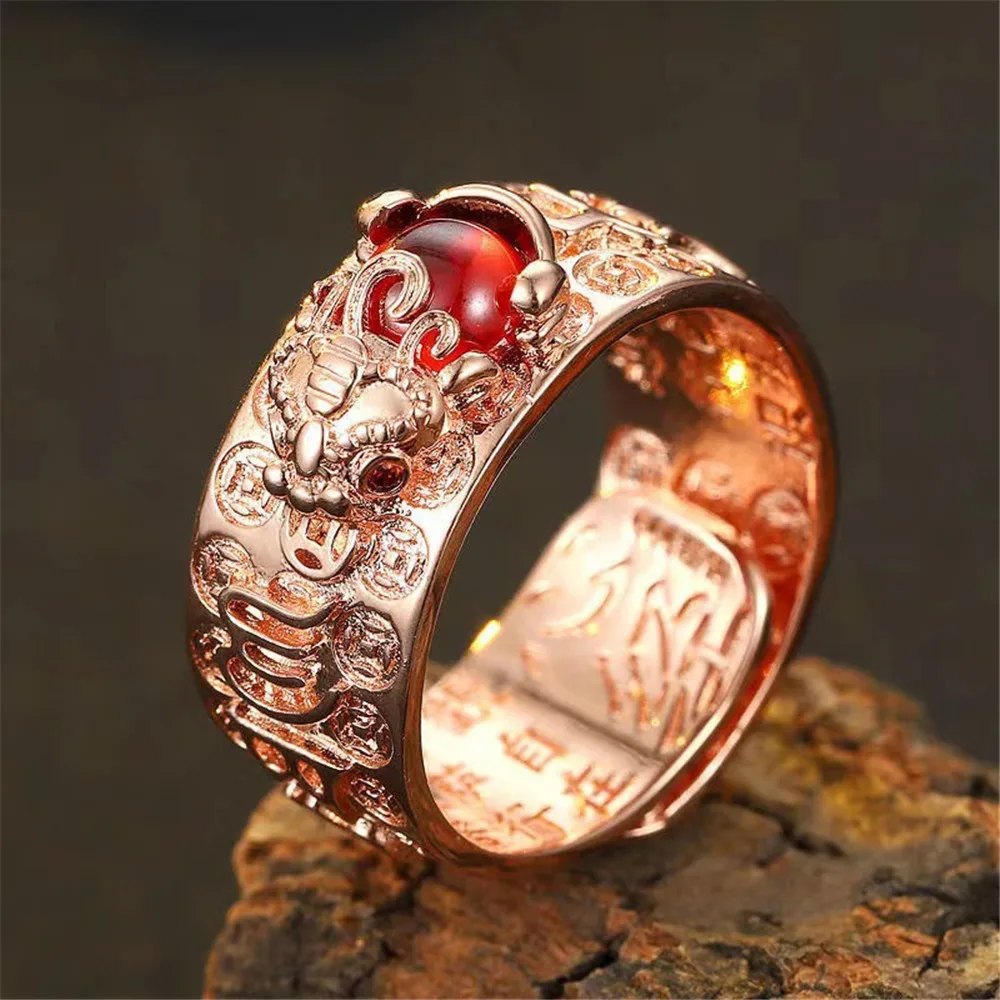 Vintage Chinese Feng Shui Brass Pixiu Rings For Men 3 Colors Amulet Copper Coin Adjustable Ring Unisex Bring Wealth Luck Jewelry