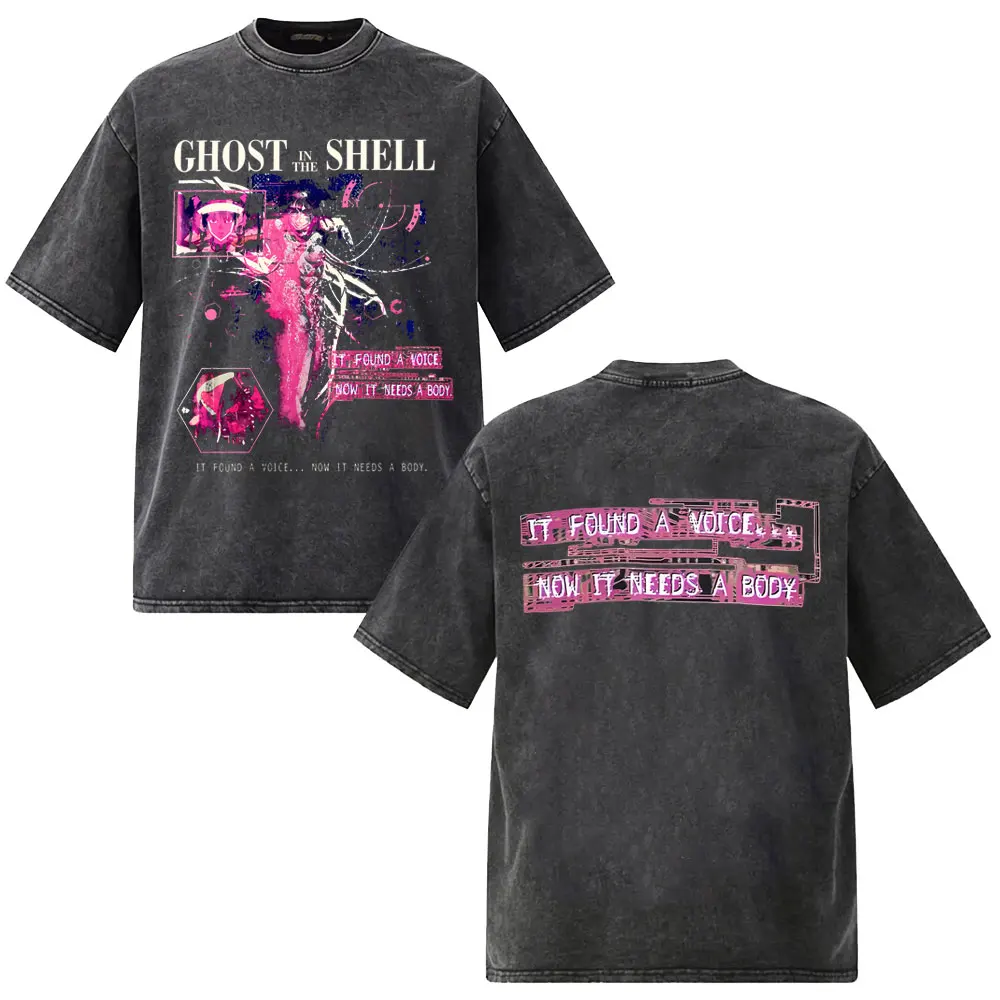 Gewaschenes Vintage Anime Ghost in The Shell T-Shirt Cartoon Motoko Kusanagi Grafik T-Shirts Herren Damen Manga Retro Oversized T-Shirt – Detail 10