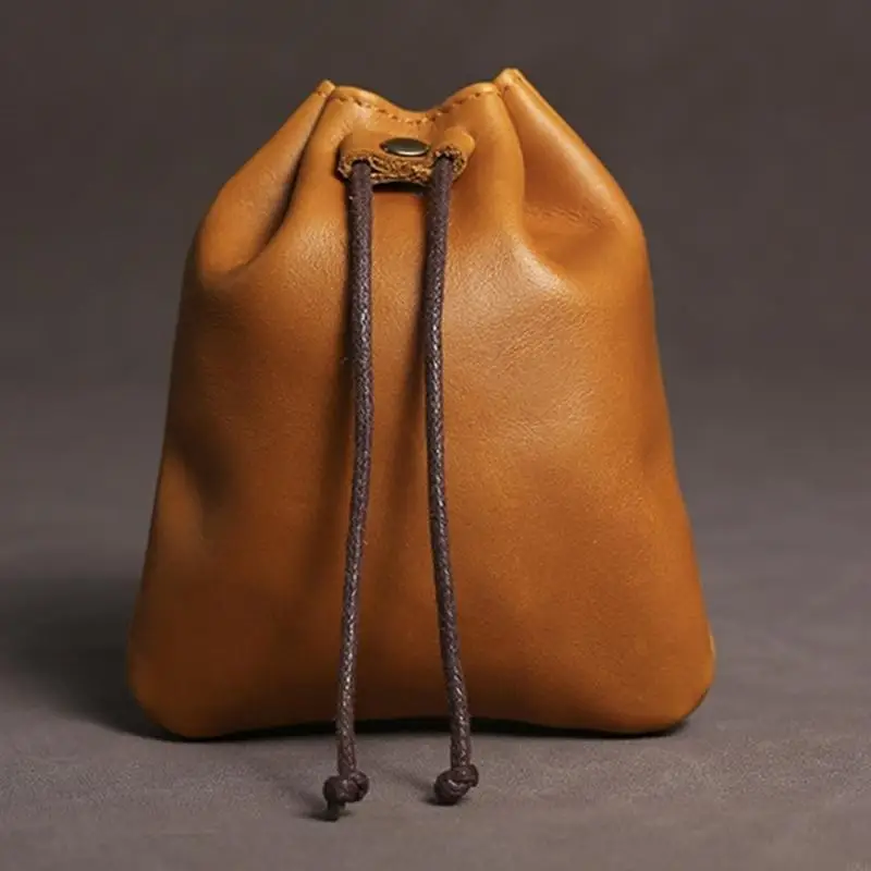 Handmade Leather Coin Pocket Unisex Drawstring Bag for Storing and Change