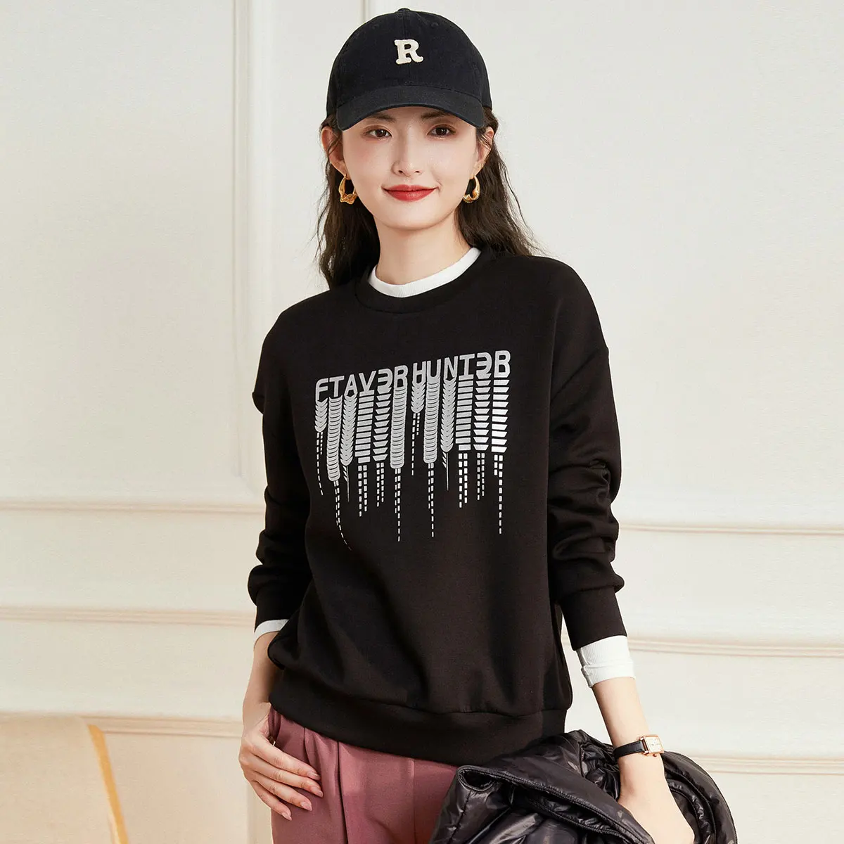 LOUIS YAO 2025 Spring and Autumn Simple Trendy 3D Printed Hoodie Round Neck Loose Casual Women's Long Sleeve Hoodie