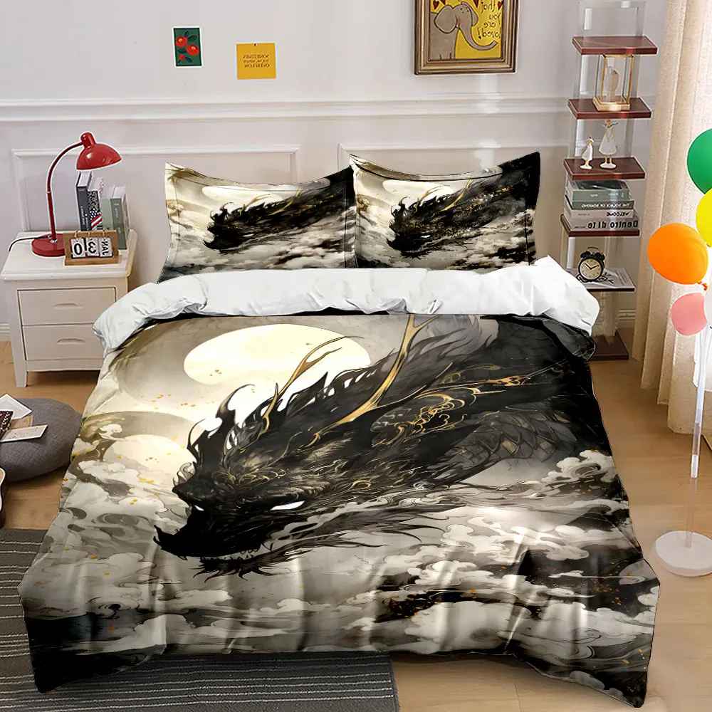 Black dragon soaring amidst clouds Print Bedding Set 1 Duvet Cover 2 Pillowcases for Adult and Children Luxury Gift Full Size