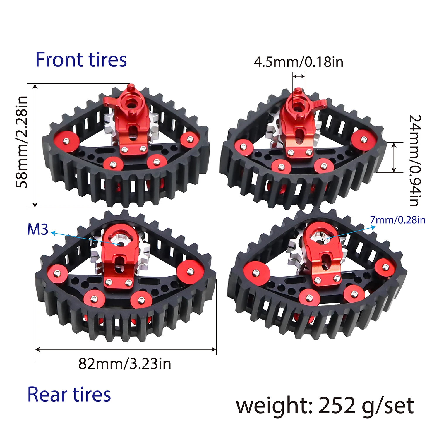 1/24 알루미늄+고무 스노우 트랙 휠 타이어 RC 크롤러 자동차 SCX24 DIY 업그레이드 부품 액세서리
