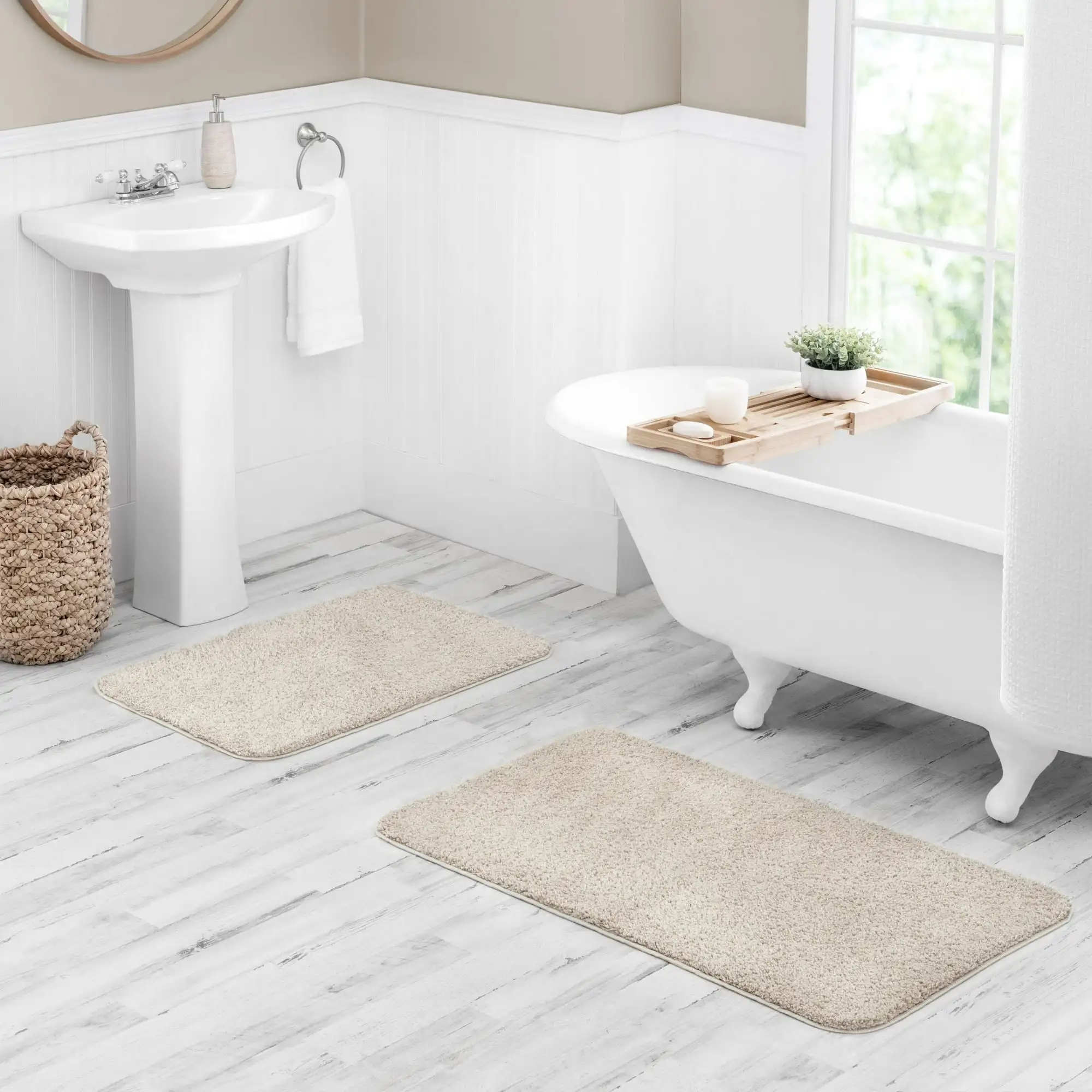 

Basic 3-Piece Polyester Bath Rug Set: 20"x32" Rug, Contour Rug and Lid Cover, Tan