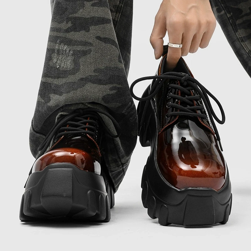 Bright Faced Thick Soled Sponge Shoes British Style Lace Up Round Toe Patent Leather Casual Versatile Height Increasing Shoes