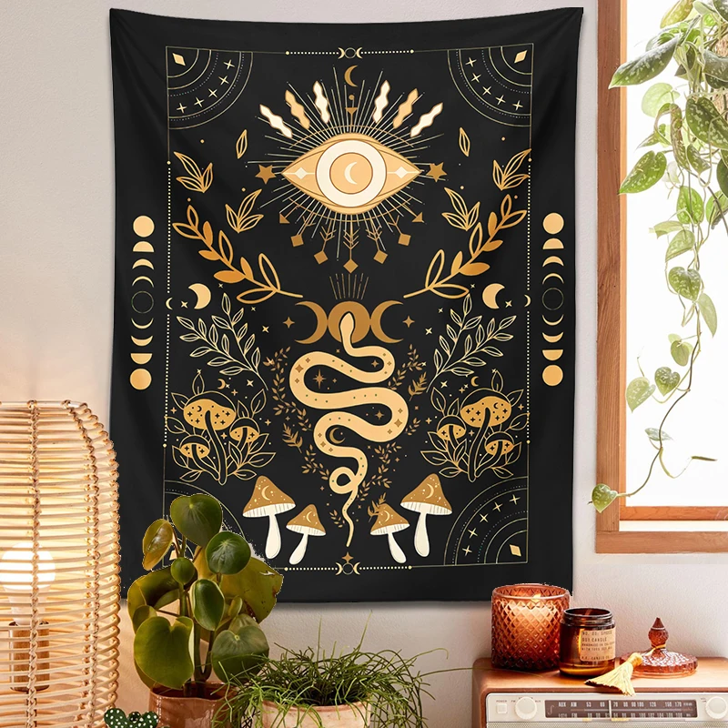 Mushroom Snake Tapestry Wall Hanging Cottagecore Mystical Moth Eye Moon Phase Divination Witchcraft Aesthetic Home Room Decor