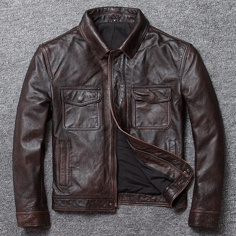 Men Leather Jacket Real Cow Leather Coat for Men Style of Vintage Smart Casual Short Plus Sized Spring and Autumn 2023