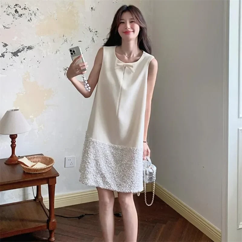 Elegant Women Fashion Birthday Party Dress Beige Blingbling Sequins Patchwork A Line Dress O Neck Bow Summer Tank Mini Dress