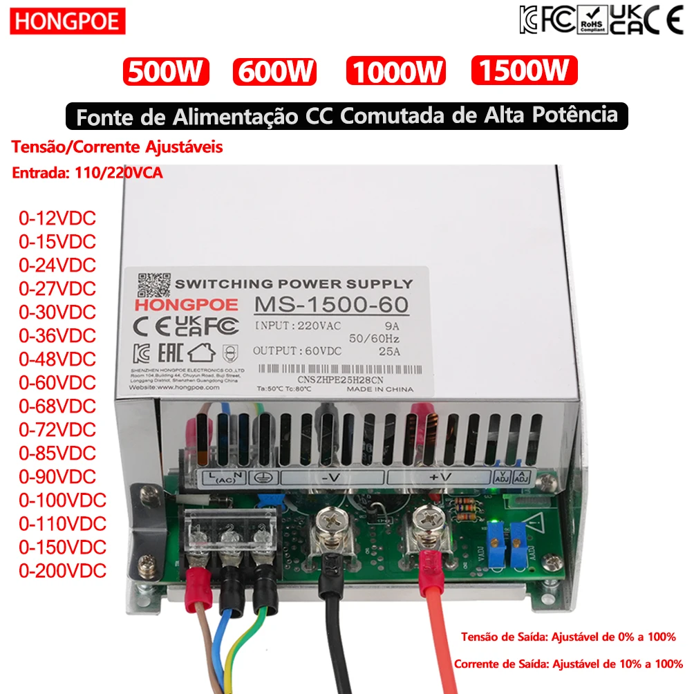Fonte de Alimentação Chaveada CE 500/600/1000/1500W com Tensão/Corrente Ajustável 0-200V, Entrada 110/220VAC para LED, CFTV, Impressoras 3D, TV e Motores