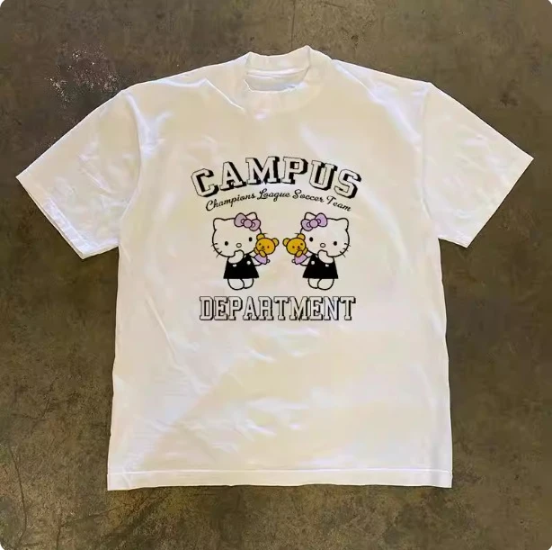 

Sanrio 2026 Summer Comic Form Hello Kitty Image 100% Cotton Printed Casual T-shirt Adult Children Parent-child Top Homewear Y2k.