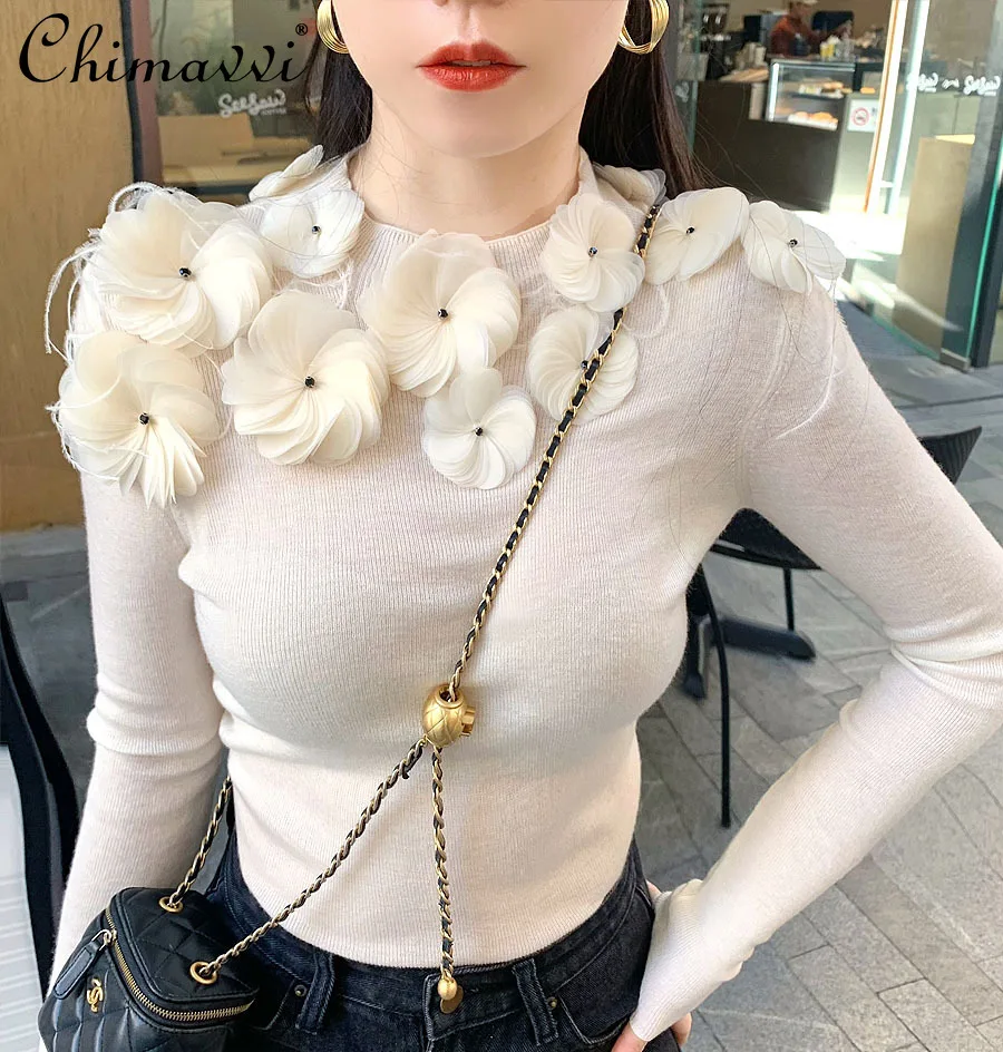 

Handmade Flower Slim Bottoming Shirt Knitted Top New Autumn Fashion Round Neck Long Sleeve Slim Fit Elegant Pullovers Sweater