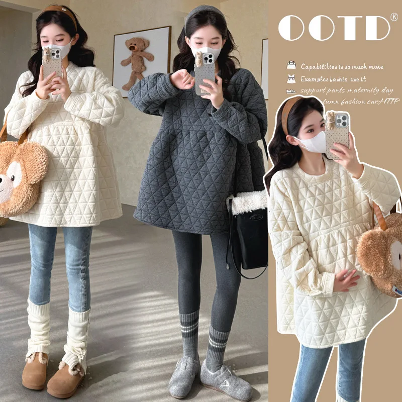 

Топы для беременных, новый зимний тонкий термосвитер с ромбической подкладкой, средняя и длинная кукольная рубашка для беременных женщин