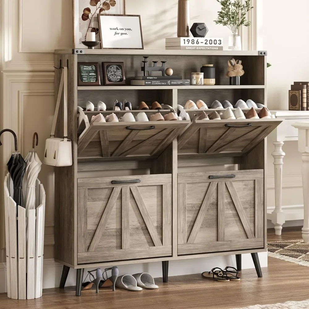 خزانة أحذية ذات طراز ريفي مع 4 أدراج، رف تخزين نحيف للمدخل، منظم رف مفتوح #1