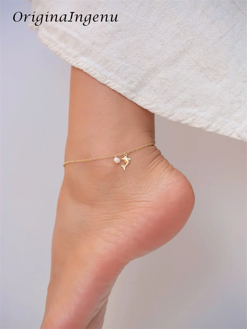 14K Gold Filled Dolphin Charm Anklet High Quality Freshwater Pearl Jewelry Tarnish Resistant Dainty Ankle Bracelet for Women