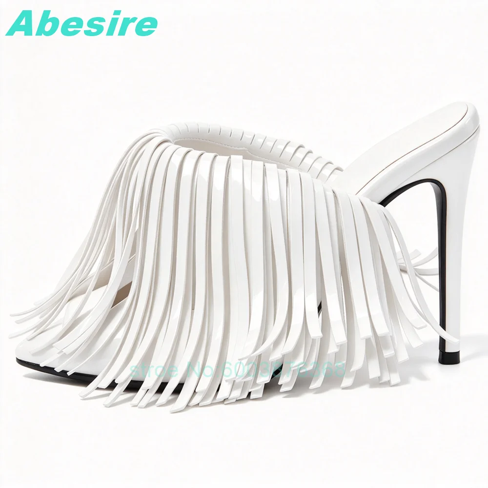 Sexy Red Fringe Patent Leather Mules Sandals Women Stiletto Heel Peep Toe Backless Outside Slippers Spicy Girls Party Shoes
